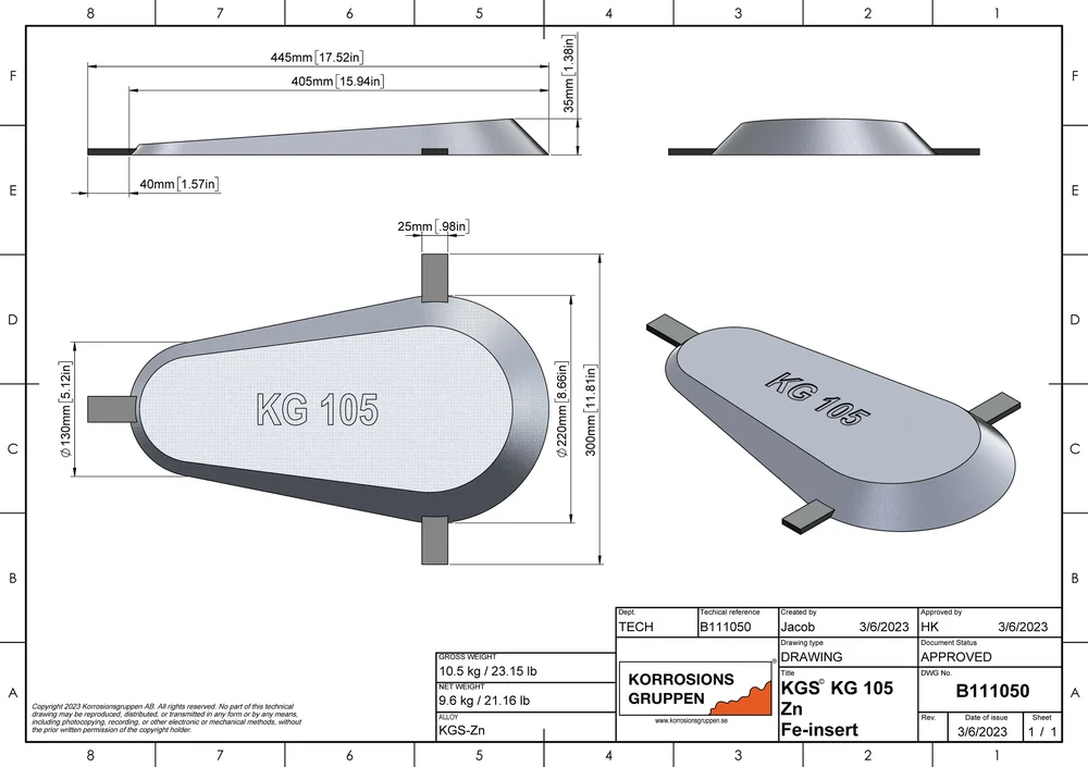Zinkanod NoCor© Zn Marine Grade, 105 - 405 x 220 x 35 mm/15.94 x 8.66 x 1.38 inches - Bild 1