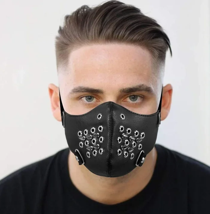 Svart ansiktsmask i konstläder med perforerade ringar & spikes - Bild 3
