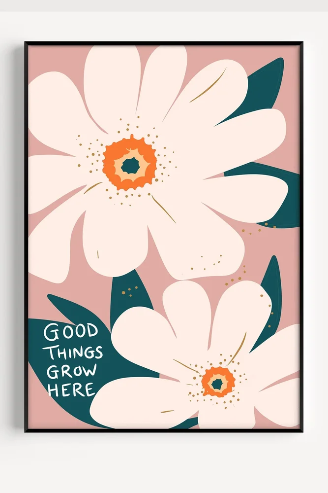 Poster till barnrum – Good Things Grow Here | Rosa blommig poster