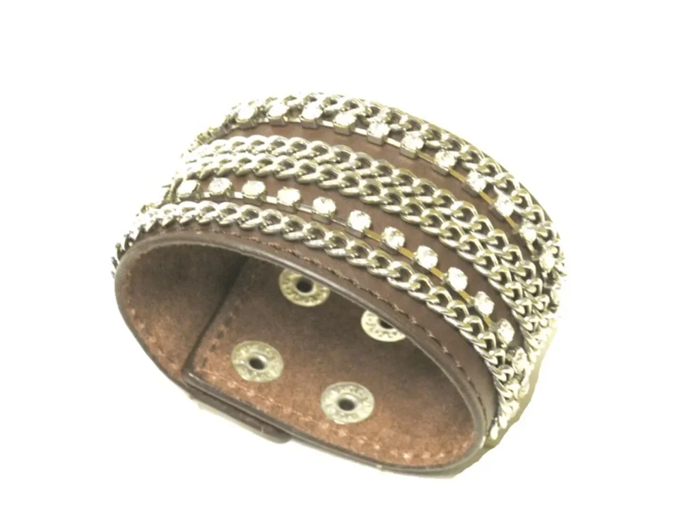 Brun Läder armband med kedjor och strass