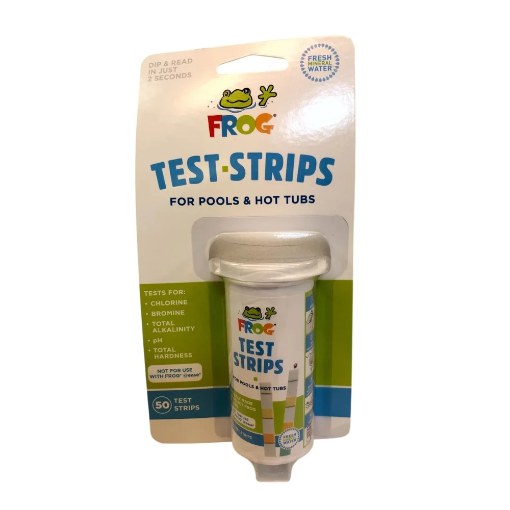 FROG Teststickor för pooler och spabad – Testremsa med noggrann indikator för fritt klor eller bromnivåer, pH, total alkalinitet och total hårdhet – Enkel vattentestning – 50 testremsor FROG Teststickor för pooler och spabad – Testremsa med noggrann indikator för fritt klor eller bromnivåer, pH, total alkalinitet och total hårdhet – Enkel vattentestning – 50 testremsor
