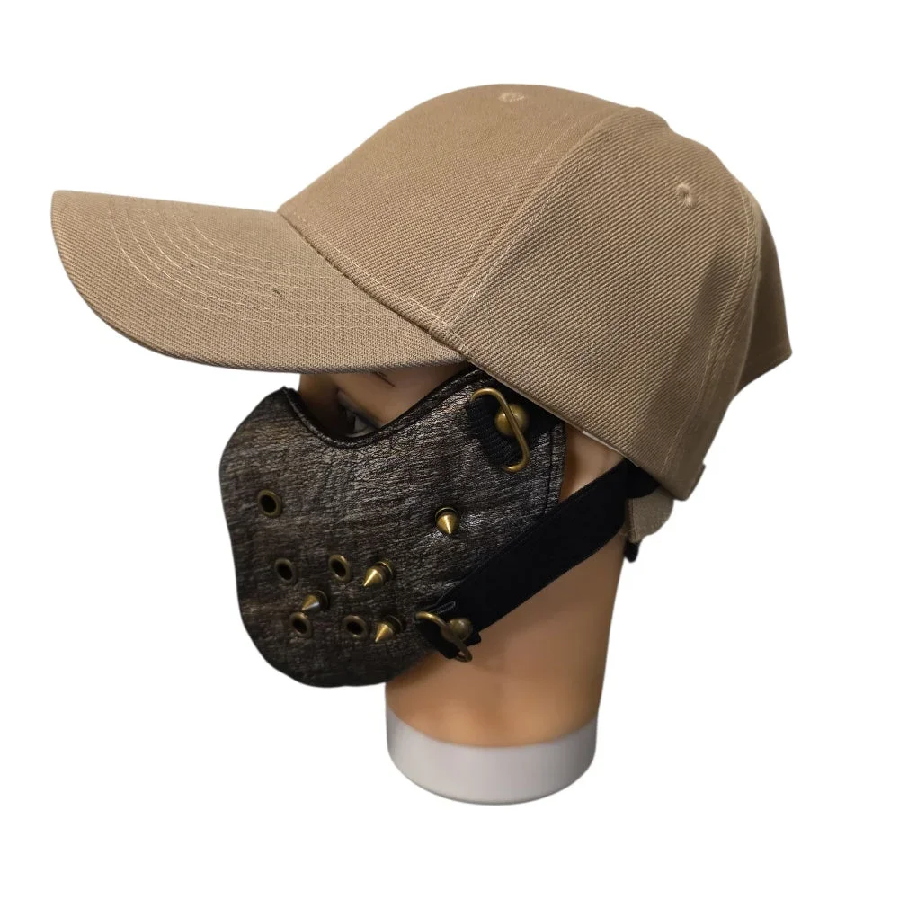 Grå ansiktsmask i konstläder med bronsfärgade spikes & öljetter - Bild 3