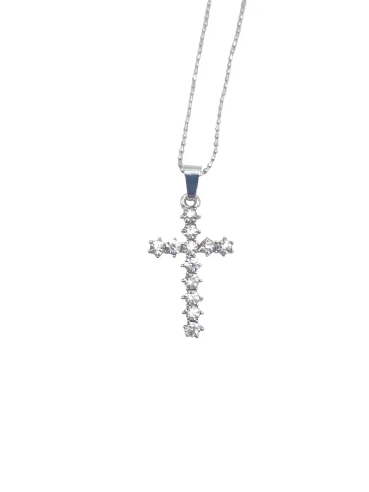 Kors halsband silverfärgad med vita kristaller - Bild 1