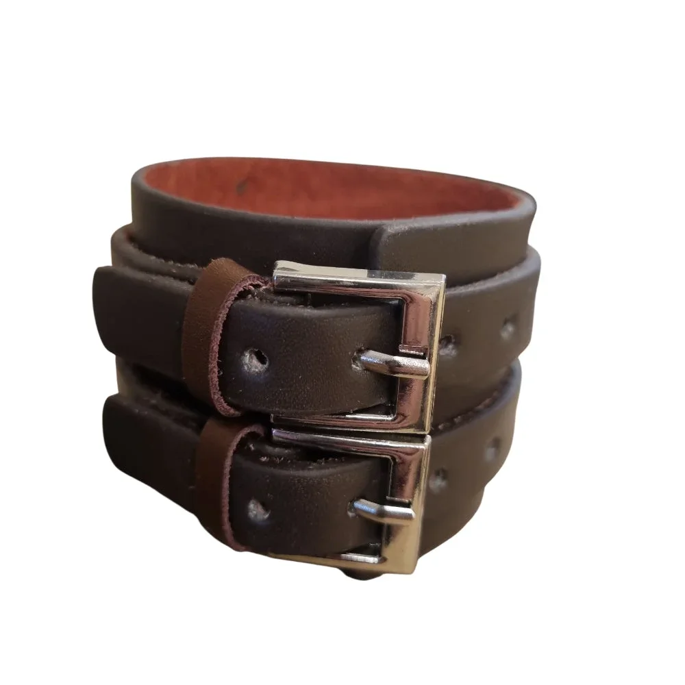 Brunt läderarmband med dubbelrem - Bild 1