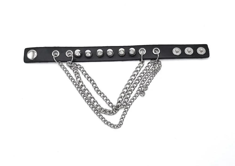 Svart Läderarmband med Spetsiga Nitar & Kedjor – Punkrock Cuff - Bild 2