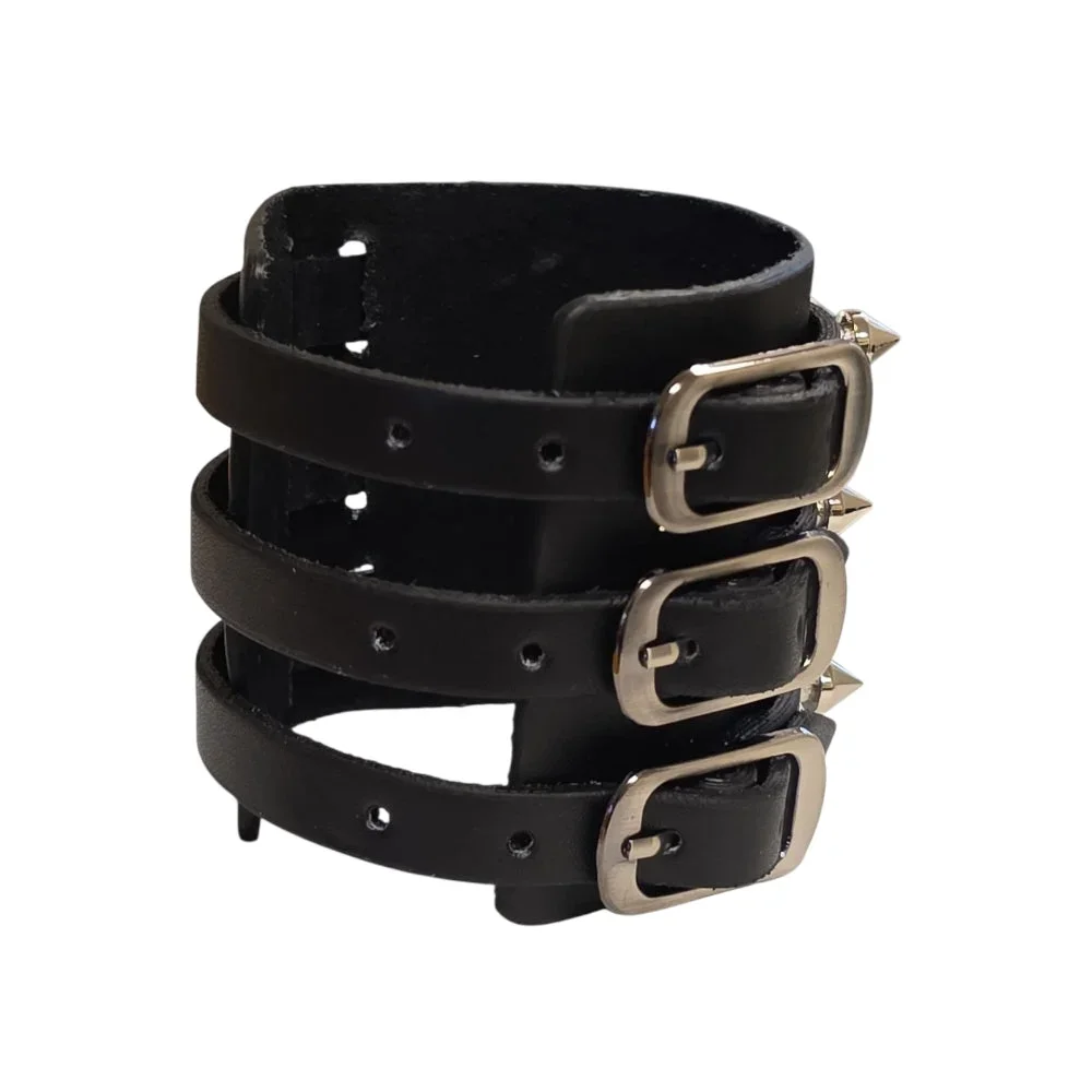 Brett svart läderarmband med tre spännen och spikes - Bild 3