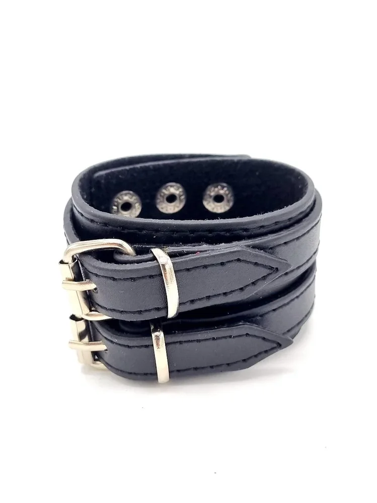 Svart läderarmband med dubbla spännen - Bild 1
