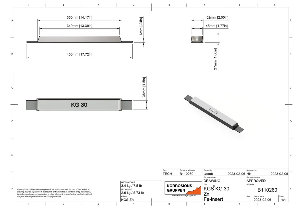 Zinkanod TYP 30 - 360*52*27mm / 14*2*1.06in, Armering: Stål, 450*40*6mm / 17.8*1.6*0.23in, 2.6kg netto - Bild 2