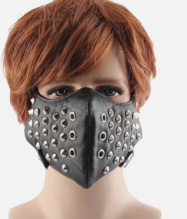 Svart ansiktsmask i konstläder med konformade nitar (justerbar, unisex) - Bild 2