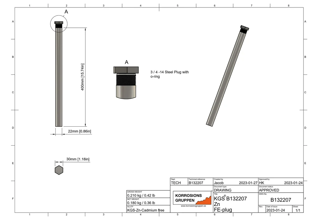 Zinkanod varmvattenberedare ø20*400mm 3/4" (R20) gänga, kadmiumfri, B132207 - Bild 2