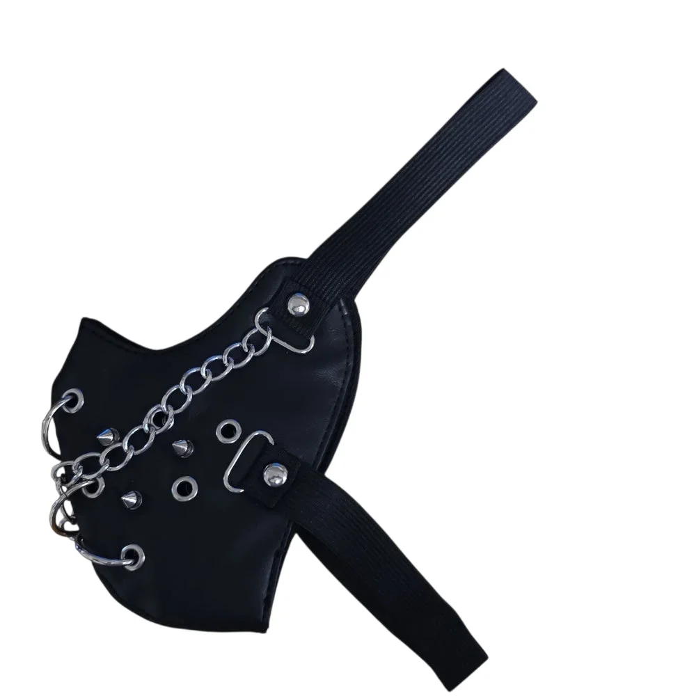 Svart ansiktsmask i konstläder med O-ringar, kedja & spikes - Bild 3