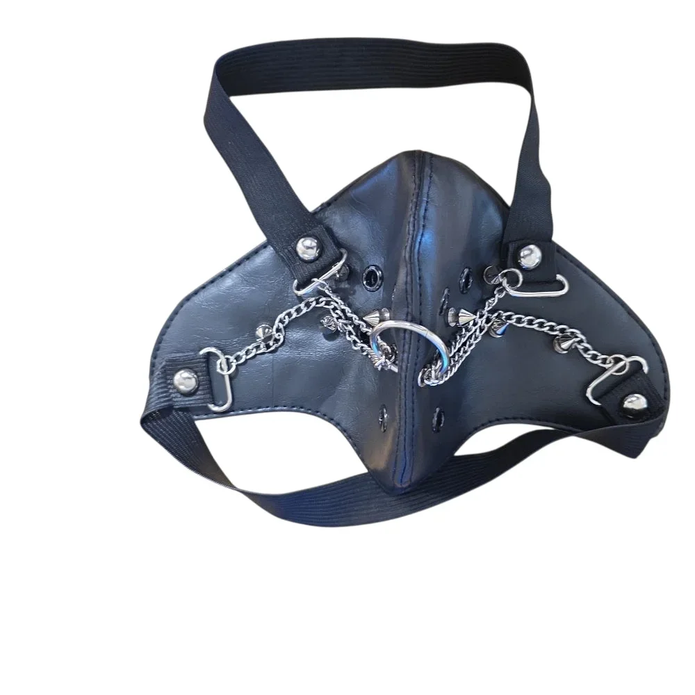 Svart ansiktsmask i konstläder med kedjor, O-ringar & spikes - Bild 3
