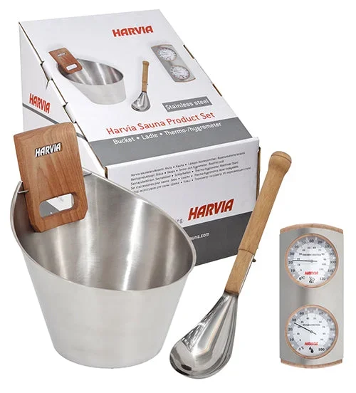 Harvia Bastutillbehör Kit – Hink, Slev, Hygrometer & Termometer (Inox)