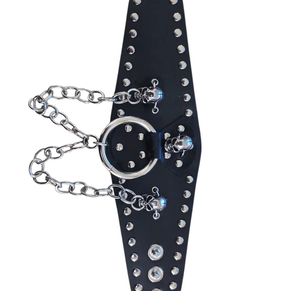 Brett svart läderarmband med kedjor, dödskallar och ring – Justerbart - Bild 3