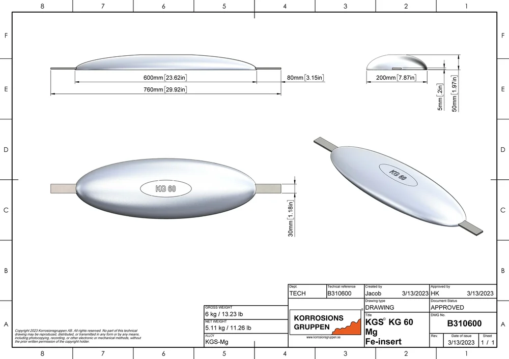 Magnesiumanod TYP 60 - 600*195*50, (760mm), ca 6kg/13,23lb. AZ63-1,5VDc - Bild 2