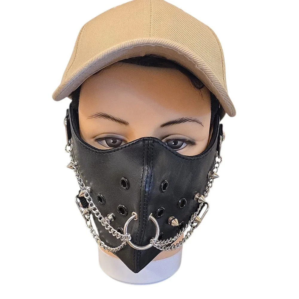 Svart ansiktsmask i konstläder med kedjor, O-ringar & spikes - Bild 1