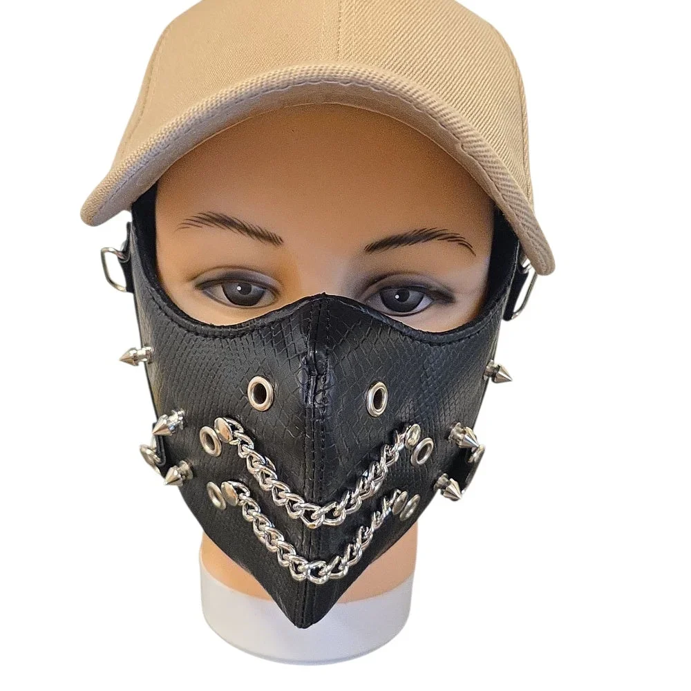 Svart ansiktsmask i reptilstruktur med kedjor, spikes & öljetter - Bild 1