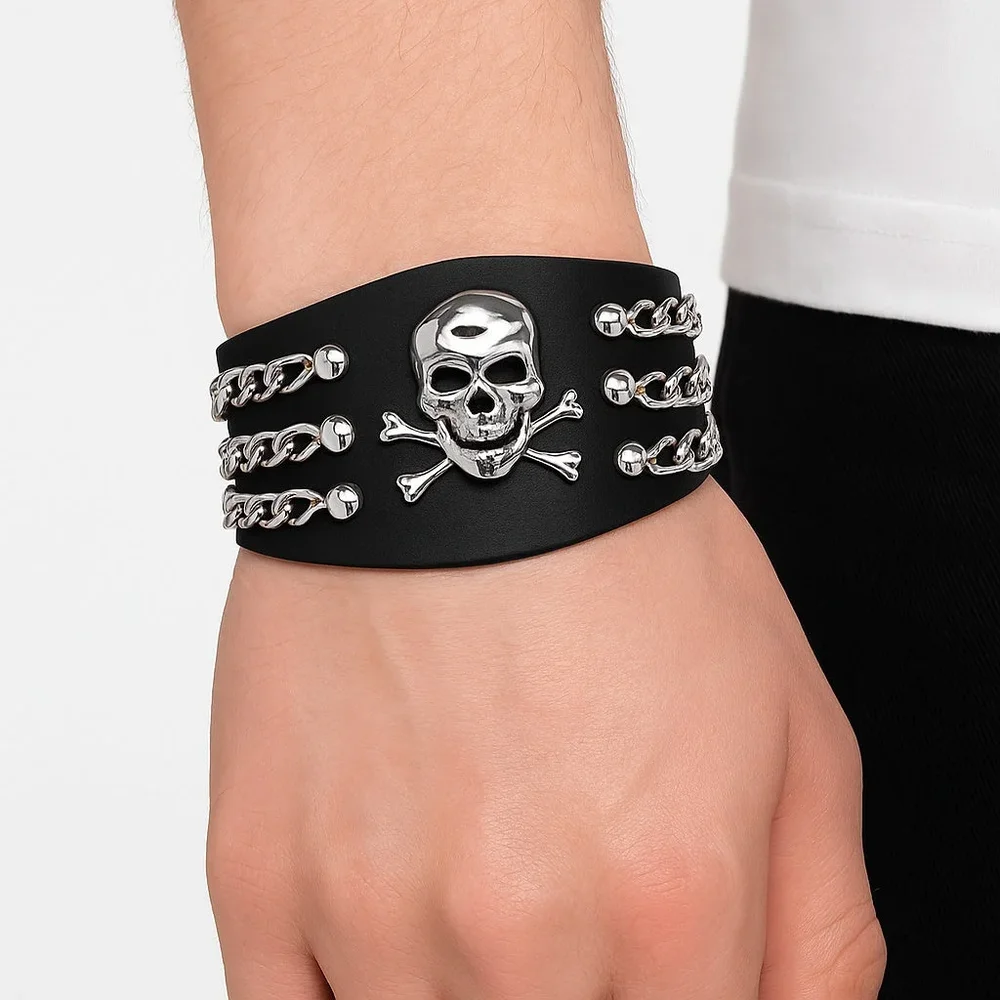 Brett läderarmband med dödskalle och kedjedetaljer – Svart - Bild 1
