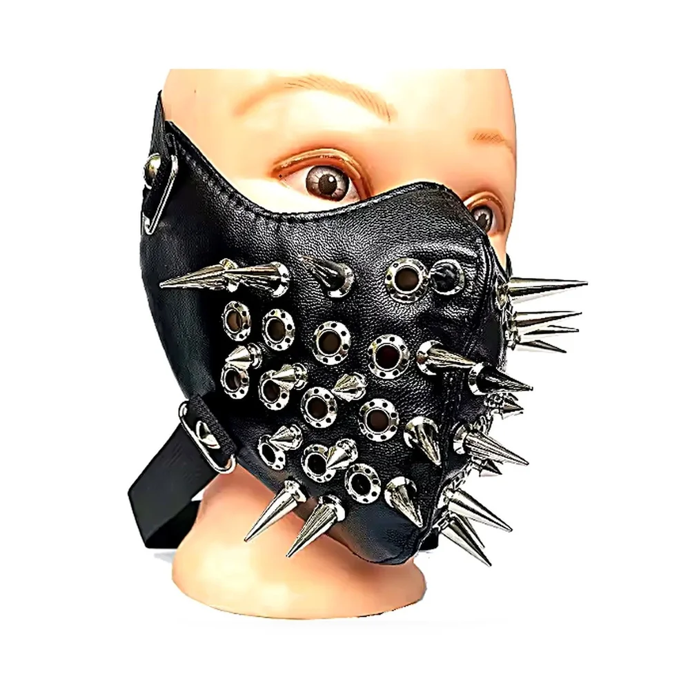 Svart ansiktsmask i konstläder med perforerade ringar & extra långa spikes - Bild 2