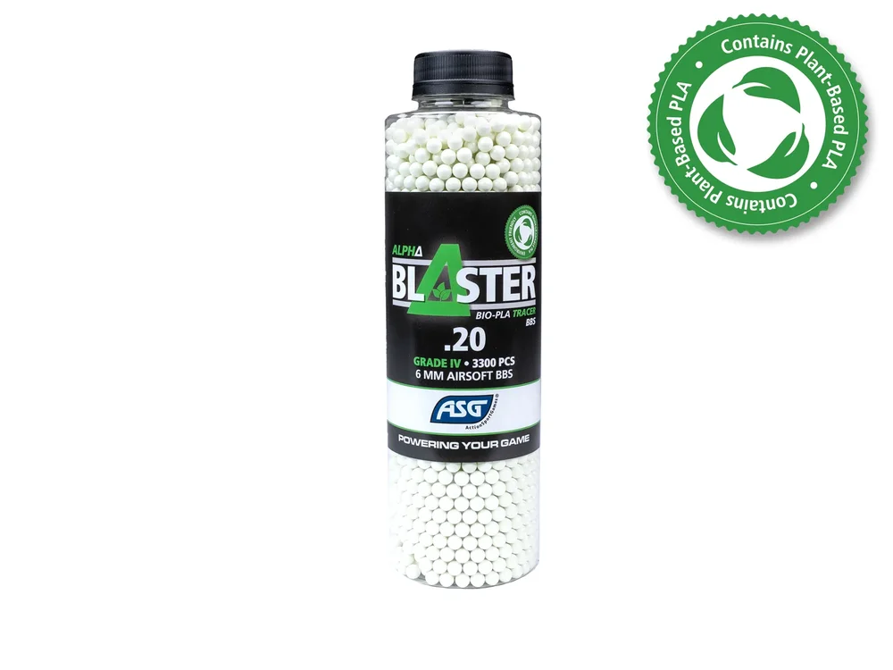Alpha Blaster PLA Green Tracer kugler, 0,20 g, 3300 stk. – flaske Alpha Blaster PLA Green Tracer kugler, 0,20 g, 3300 stk. – flaske