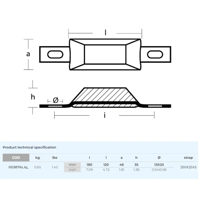 Aluminiumanod 650g, 180*46*35mm (180mm), hål 13*25mm, T00387ALAL - Bild 2