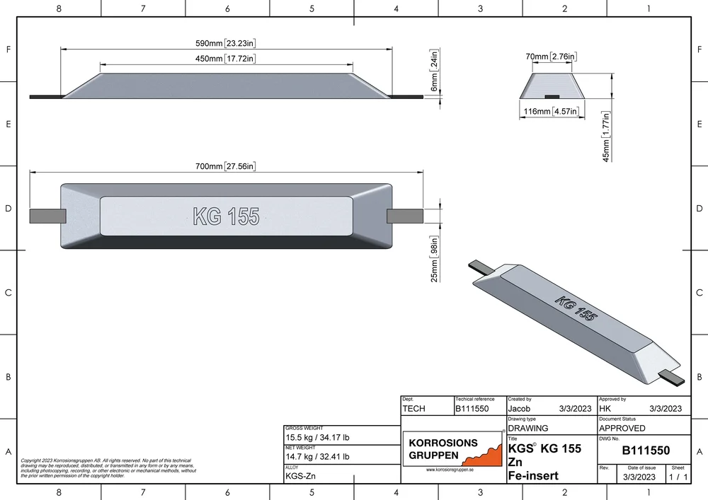 Zinkanod TYP 155 - 590*116*45mm/23,23*4,57*1,77in, B111550 - Bild 2