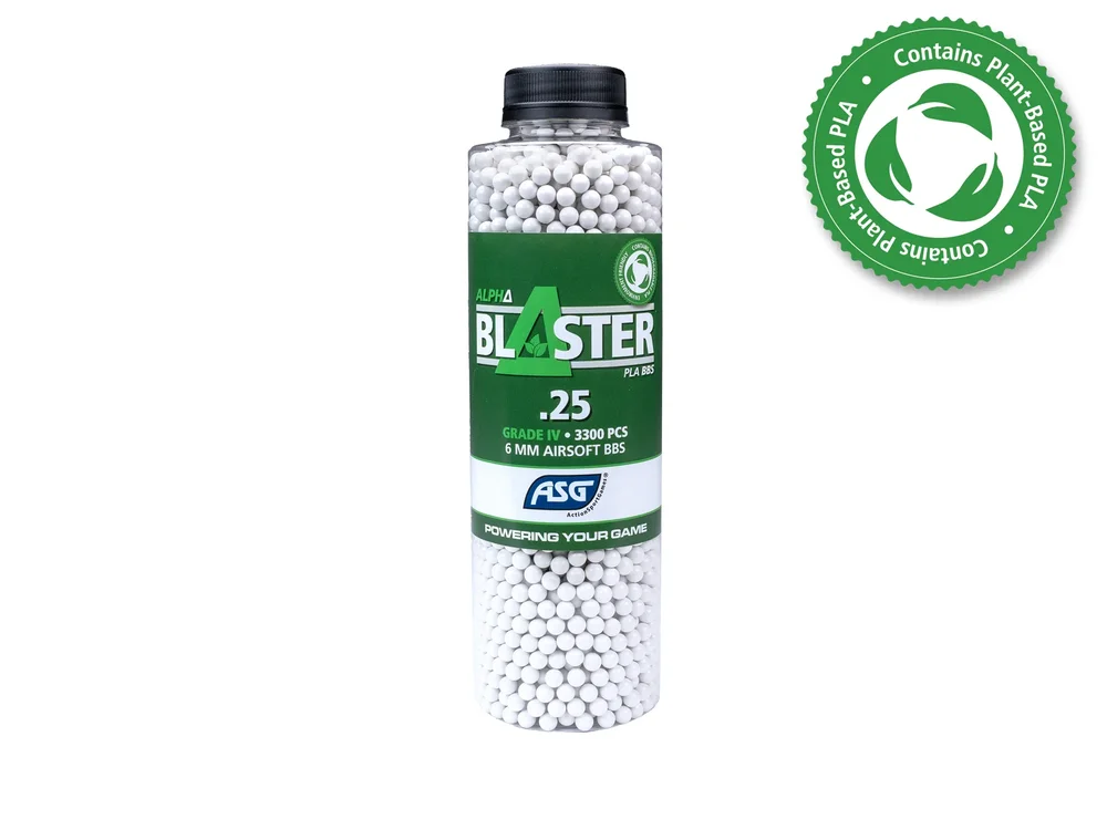 Alpha Blaster PLA kugler, 0,25 g, 3300 stk. – flaske Alpha Blaster PLA kugler, 0,25 g, 3300 stk. – flaske