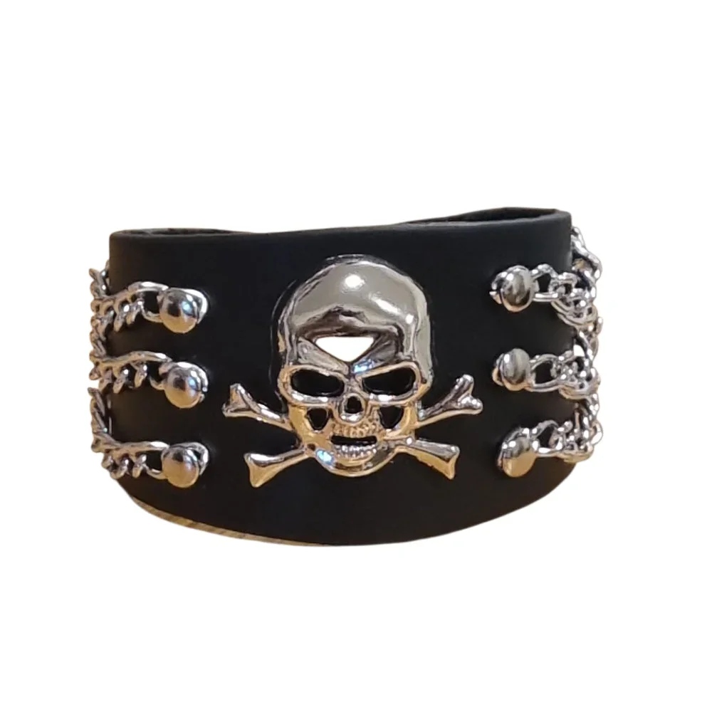 Brett läderarmband med dödskalle och kedjedetaljer – Svart - Bild 2