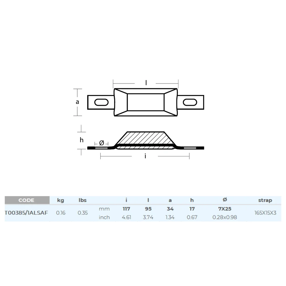 Aluminiumanod 180g, 75*34*16mm (135mm), hål 7*23mm, T00385/1ALSAF - Bild 2