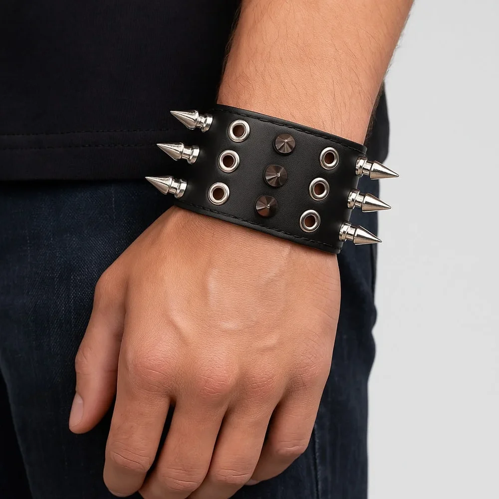 Bred nitarmband i svart läder med tre rader koniska spikes - Bild 1