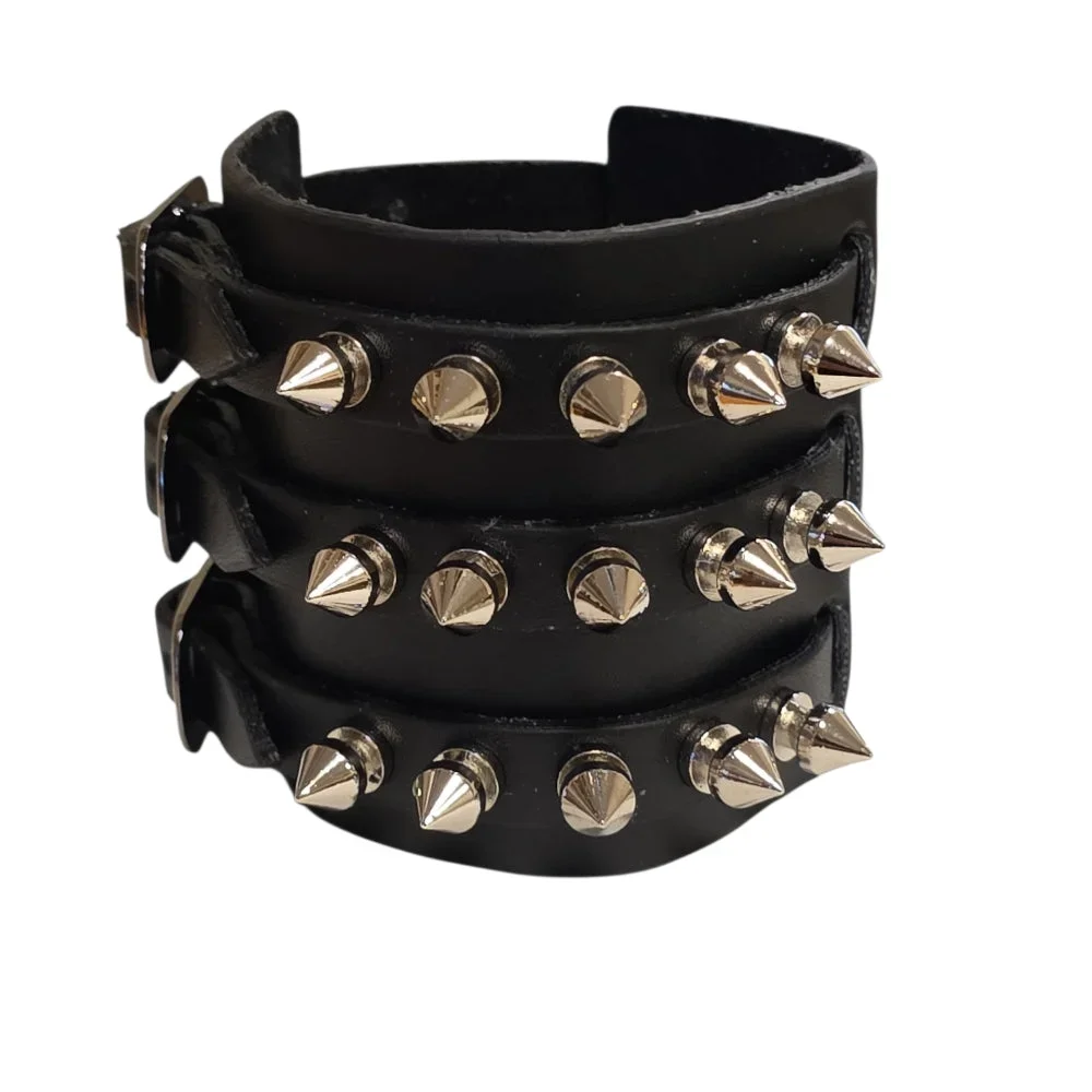 Brett svart läderarmband med tre spännen och spikes - Bild 1