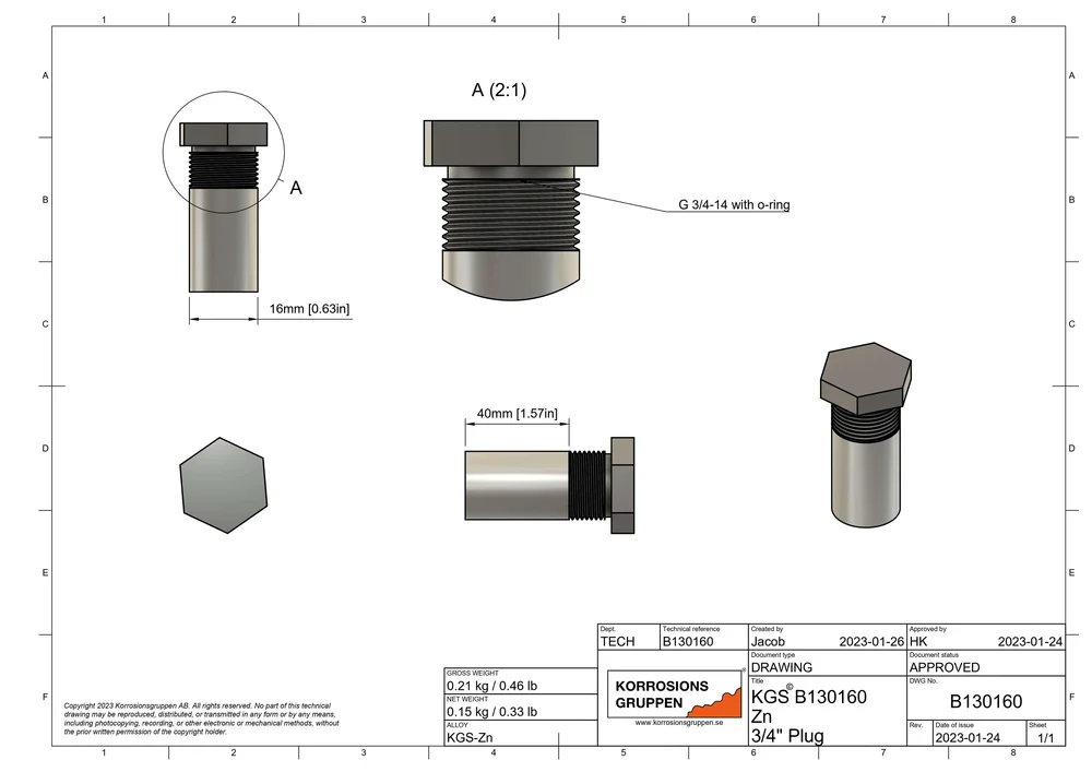 Zinkanod med 3/4" stålplugg, ø16*40mm / ø0.63in*1.57in