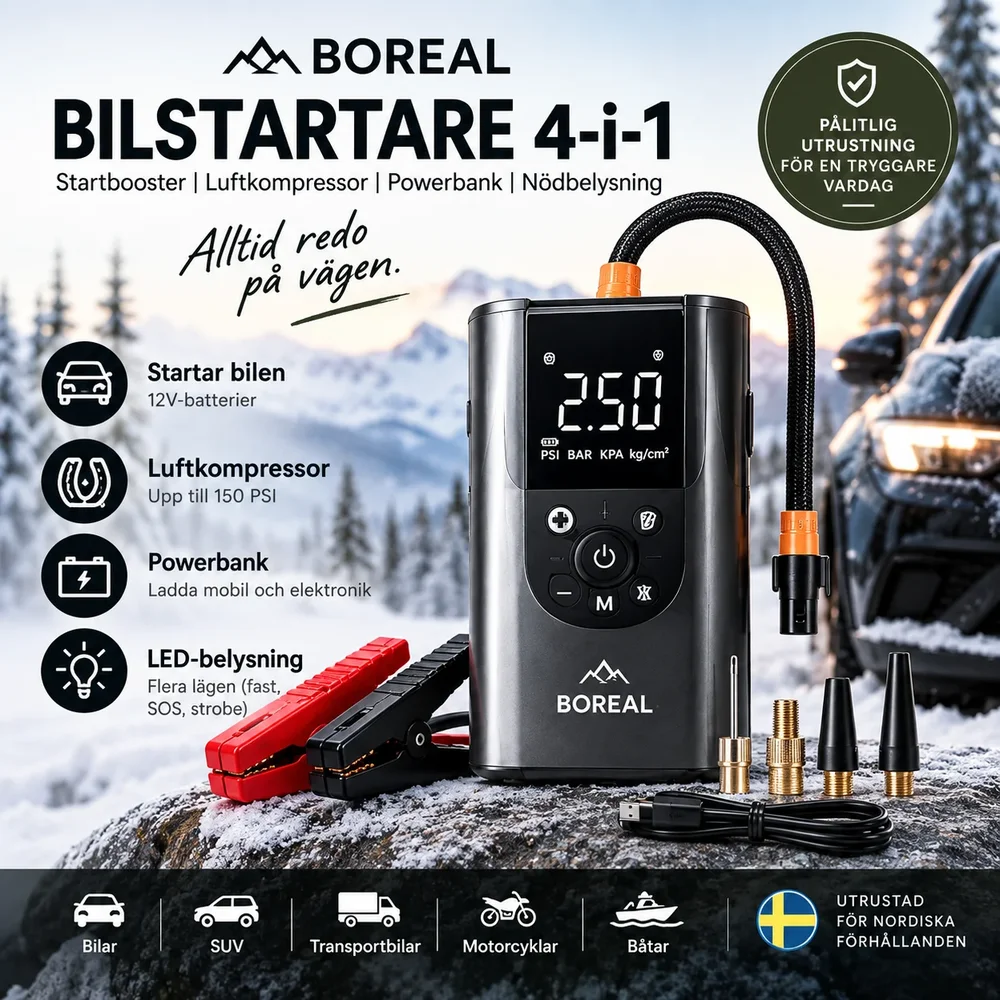 BOREAL Jump – Startbooster 4-i-1 med kompressor BOREAL Jump – Startbooster 4-i-1 med kompressor