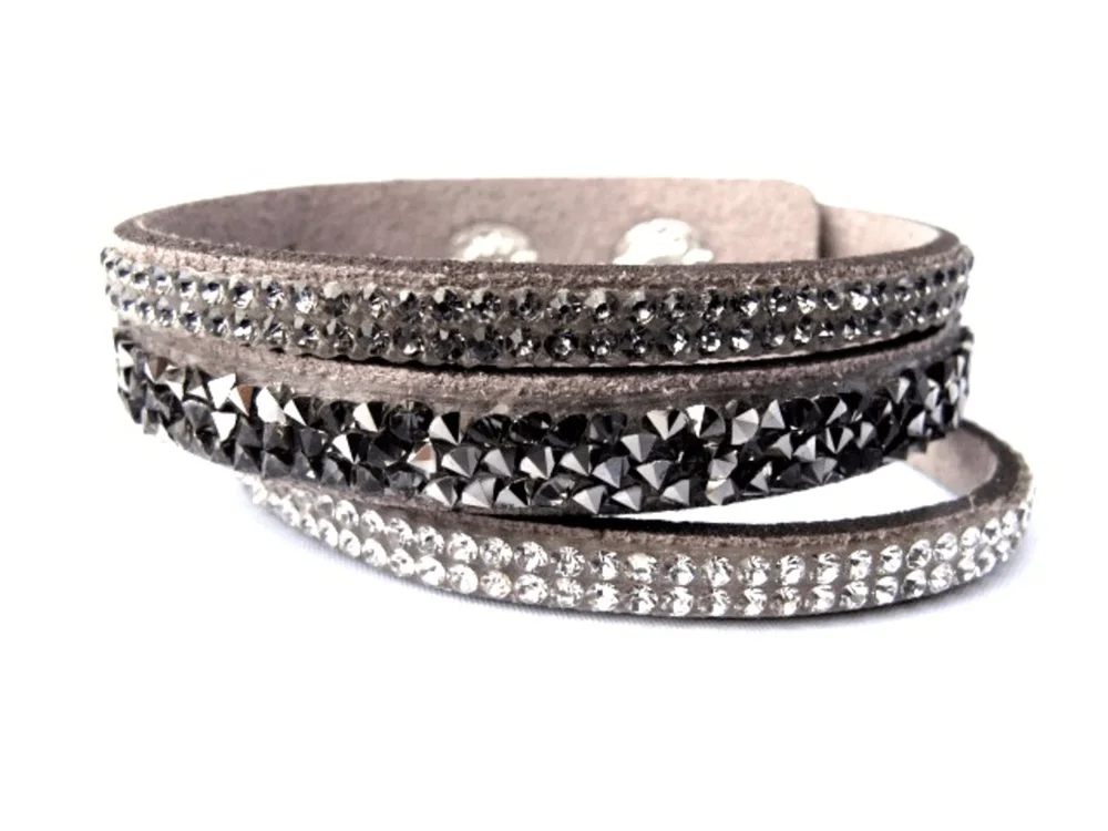 Grå snittat läderarmband med Kristaller - Bild 1