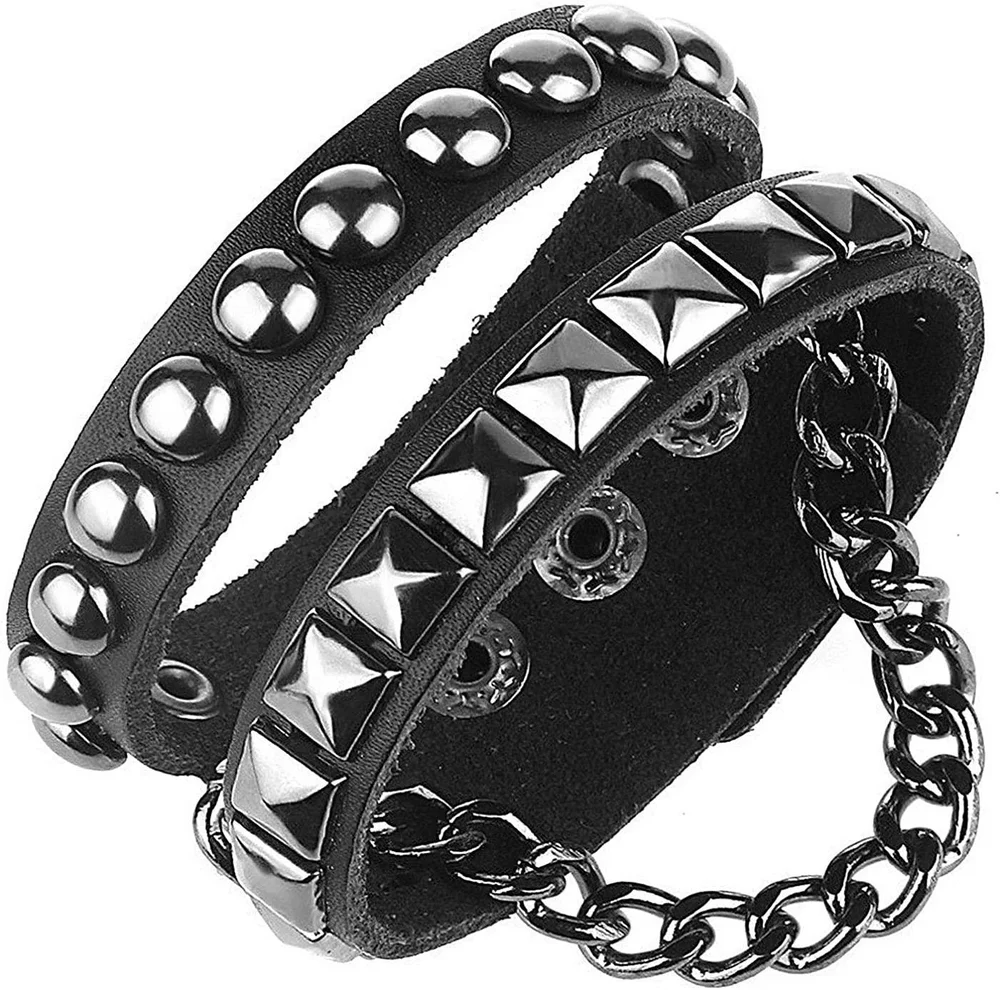Svart Läder armband med kedja, pyramid- och runda nitar - Bild 2