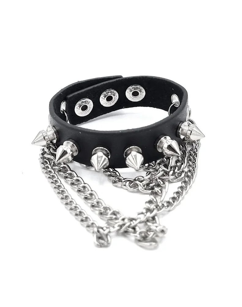 Svart Läderarmband med Spetsiga Nitar & Kedjor – Punkrock Cuff - Bild 1