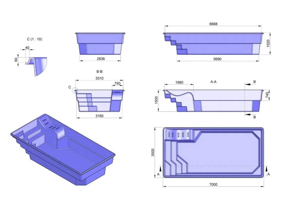 Glasfiberpool AQUA RELAX Le 7,00m x 3,50m x 1,50m - Bild 3