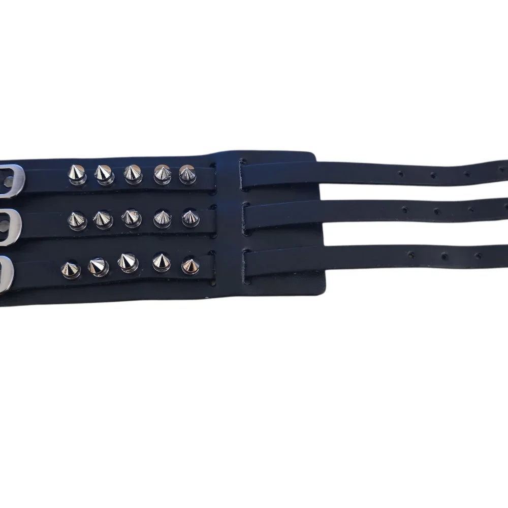 Brett svart läderarmband med tre spännen och spikes - Bild 2