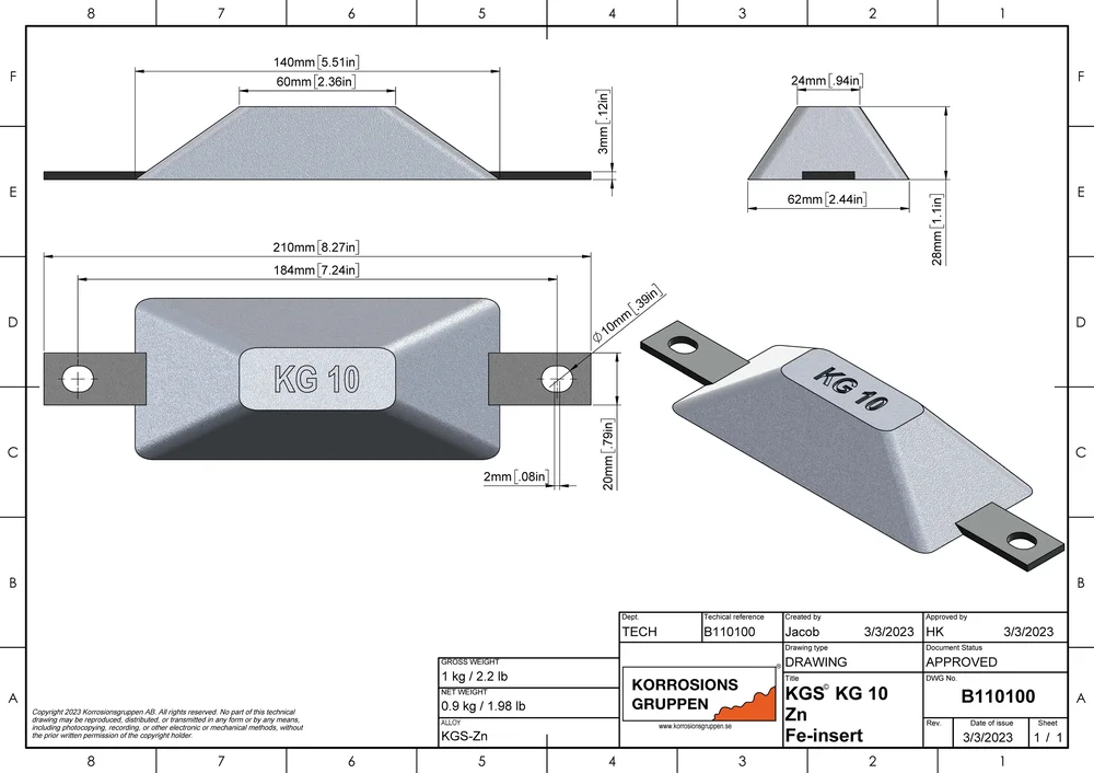 Zinkanod TYP 10 - 140*62*28mm/5,51*2,44*1,10in, B110100 - Bild 2