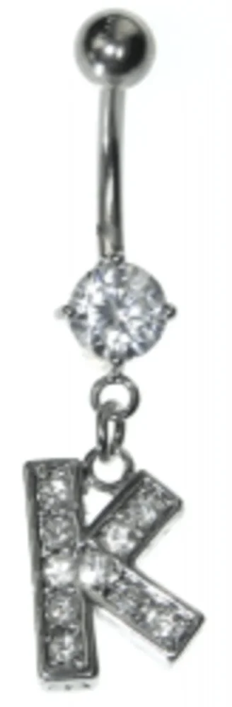 Navel Piercing med vita kristaller - bokstaven K