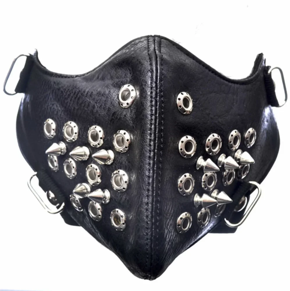 Svart ansiktsmask i konstläder med perforerade ringar & spikes - Bild 1