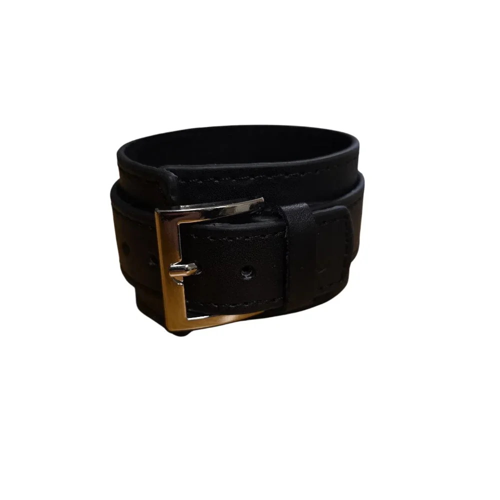 Svart läderarmband med dubbelsöm – Justerbart spänne - Bild 2
