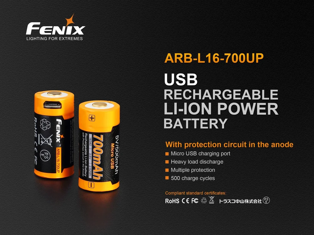 Fenix RCR123A / 16340 Genopladeligt Li-ion Batteri 700mAh med USB - Bild 2