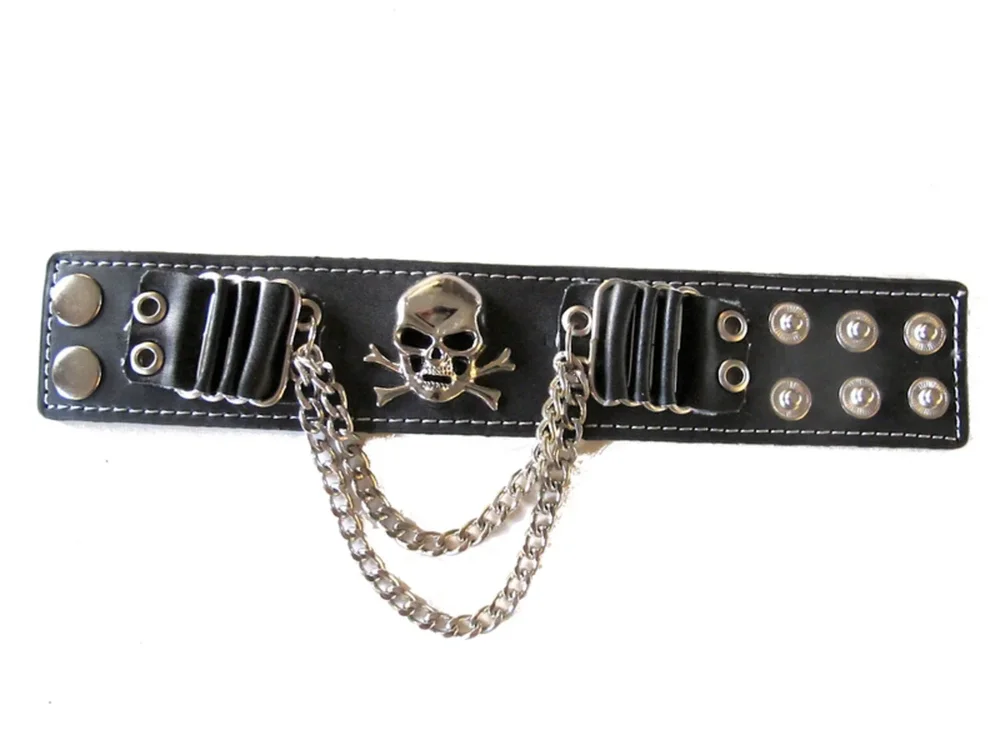 Svart läderarmband med dödskalle och kedjor - Bild 2