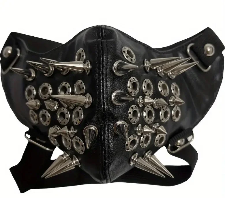 Svart ansiktsmask i konstläder med perforerade ringar & extra långa spikes - Bild 3