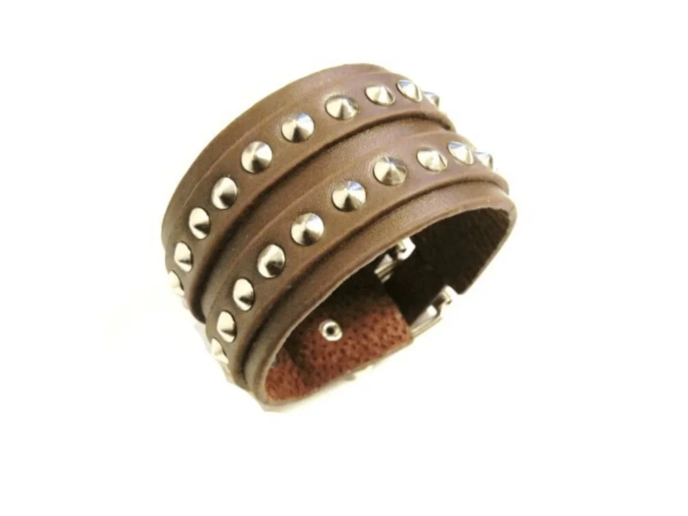 Brun läderarmband med runda nitar - 2 rad - Bild 1