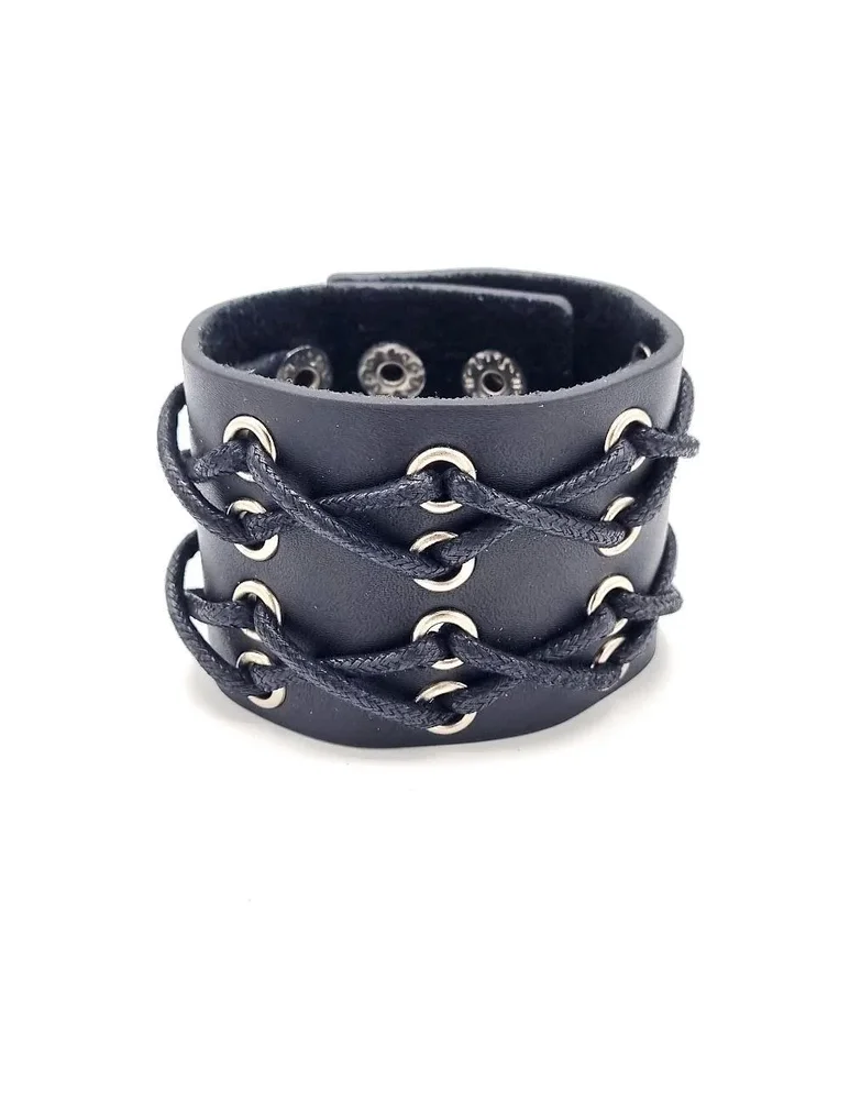 Svart Läderarmband med Korssnörning – Justerbart Cuff i Rockig Design - Bild 1