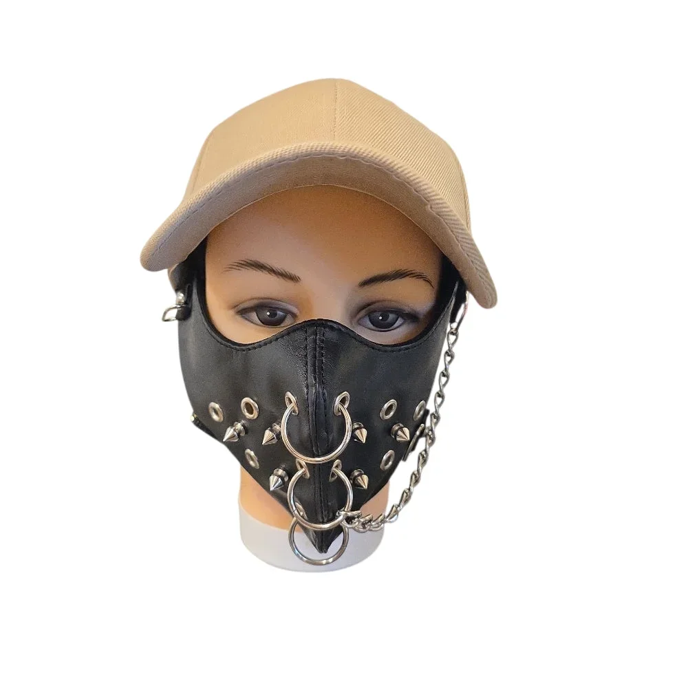Svart ansiktsmask i konstläder med O-ringar, kedja & spikes - Bild 1