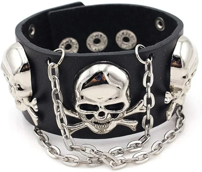 Läderarmband med dödskallar och kedjor - Bild 1