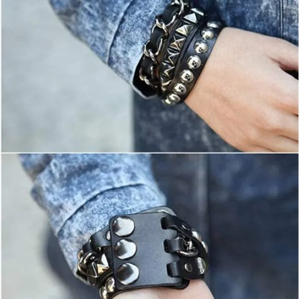 Läder armband med kedja, pyramid- och runda nitar - Bild 3